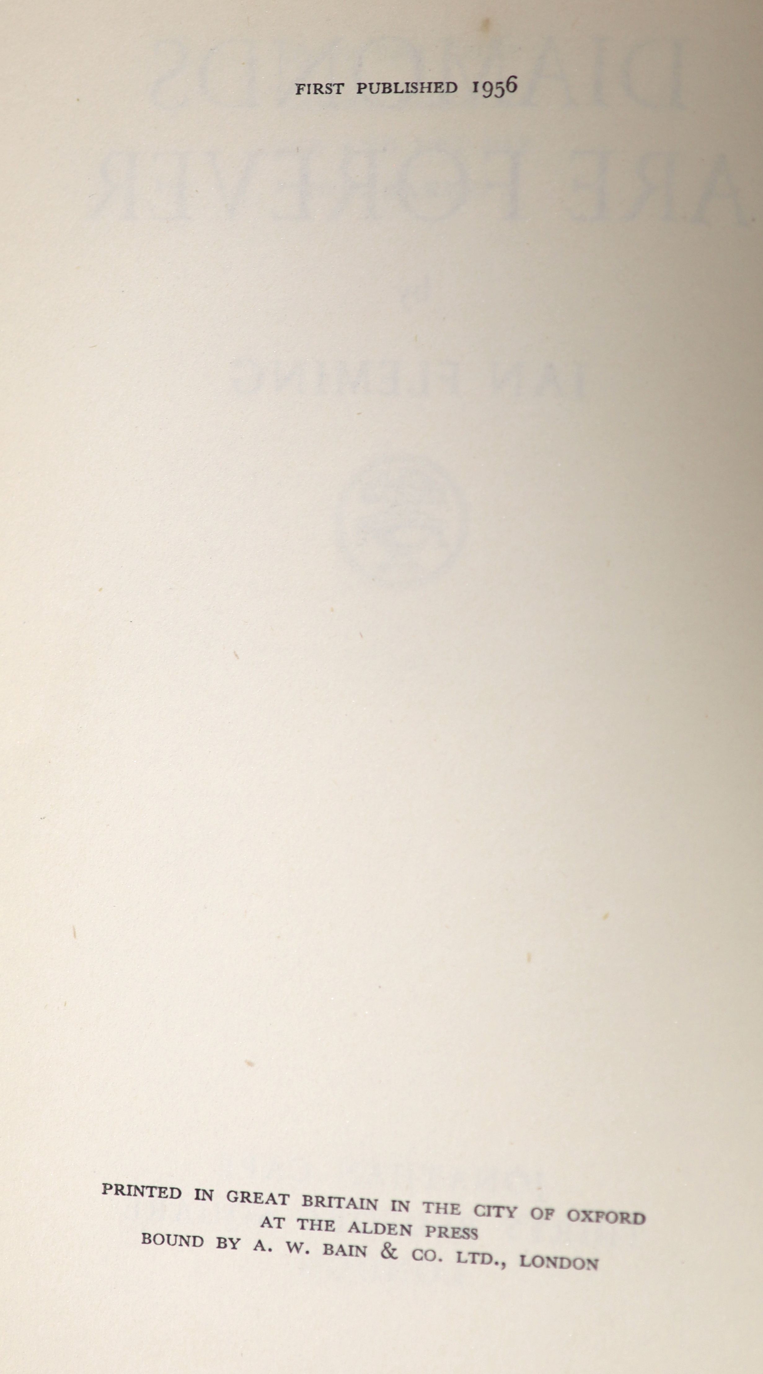 Fleming, Ian - Diamonds Are Forever, 1st edition, 1st impression, with unclipped d/j priced 12s.6d, text with ‘’Boofy’’ on p.134, original black cloth with silver lettering and diamond device to cover, American library s